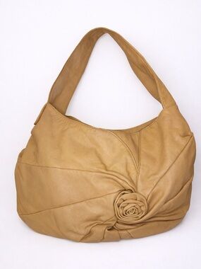 Vintage Isabella Fiore Tan Leather Hobo Slouchy Shoulder Bag 3D Floral Detail
